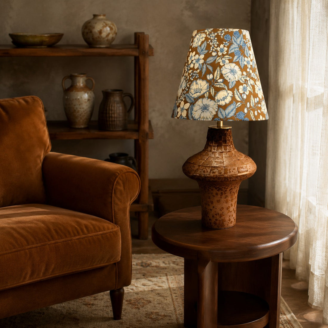 Blue floral ceramic table lamp beside a lounge chair