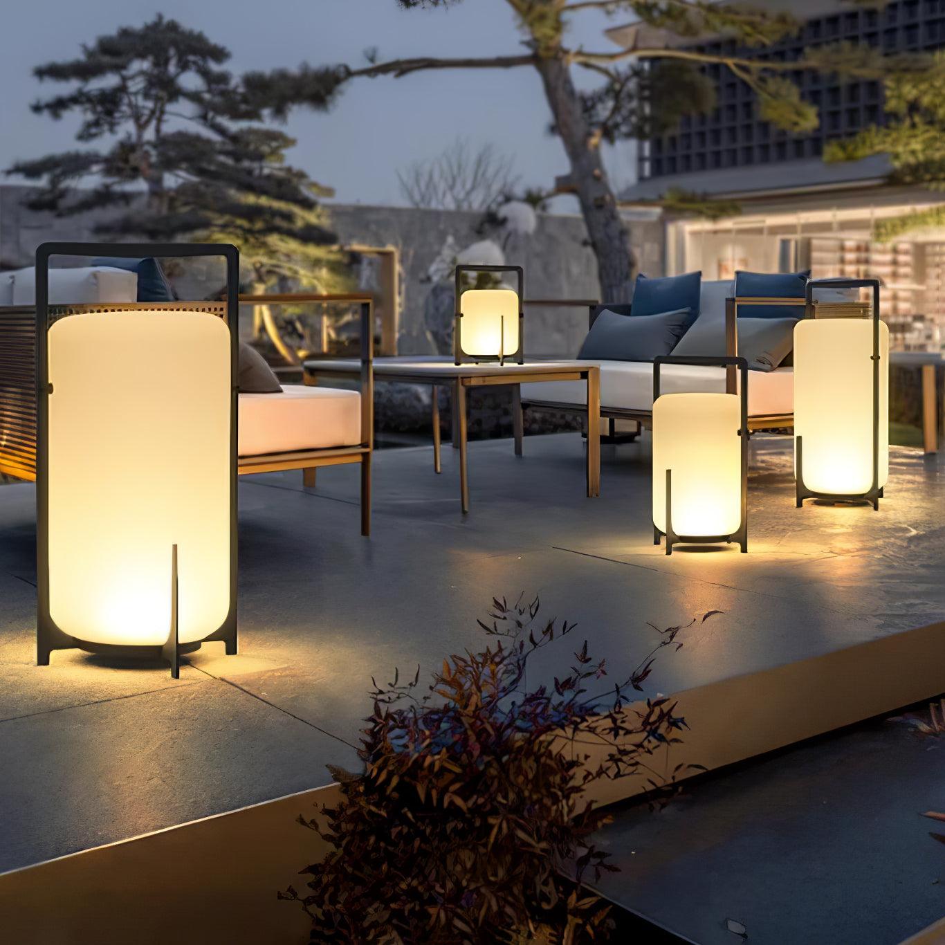 Black Lantern Table Lamp - Outdoor LED Light with Blown Glass Shade