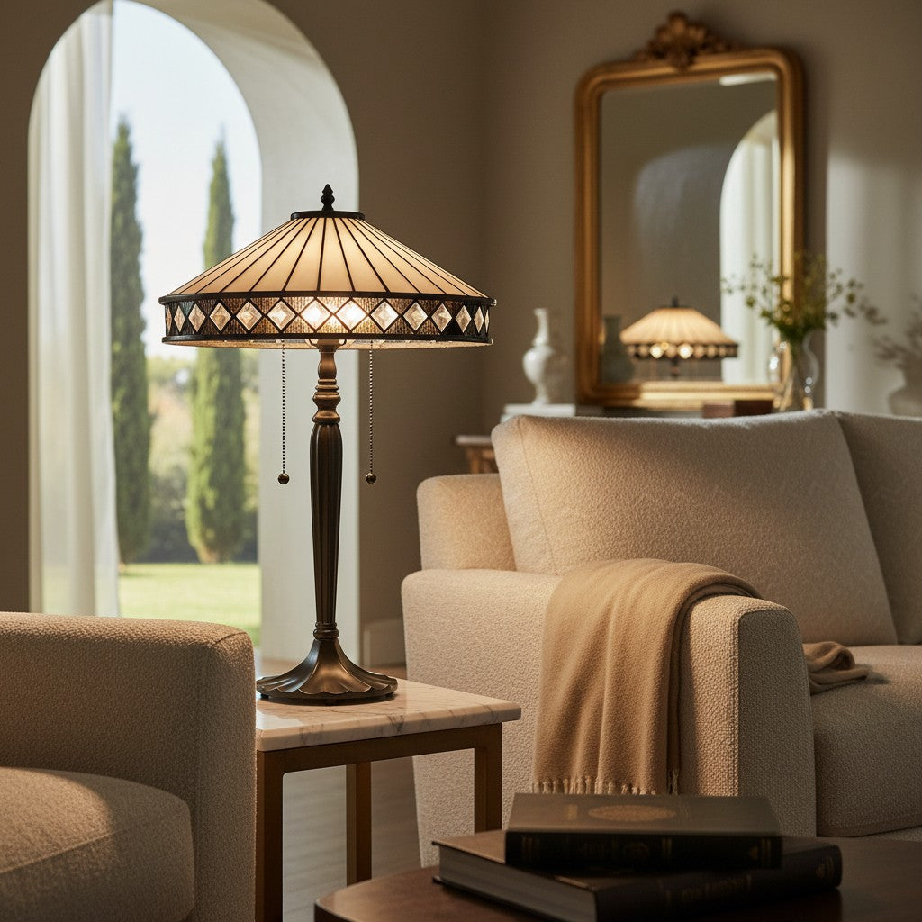 TF Fargo Geometric Tiffany Style Lamp — Amber and Cream Glass Accent Lighting for Bedroom or Study