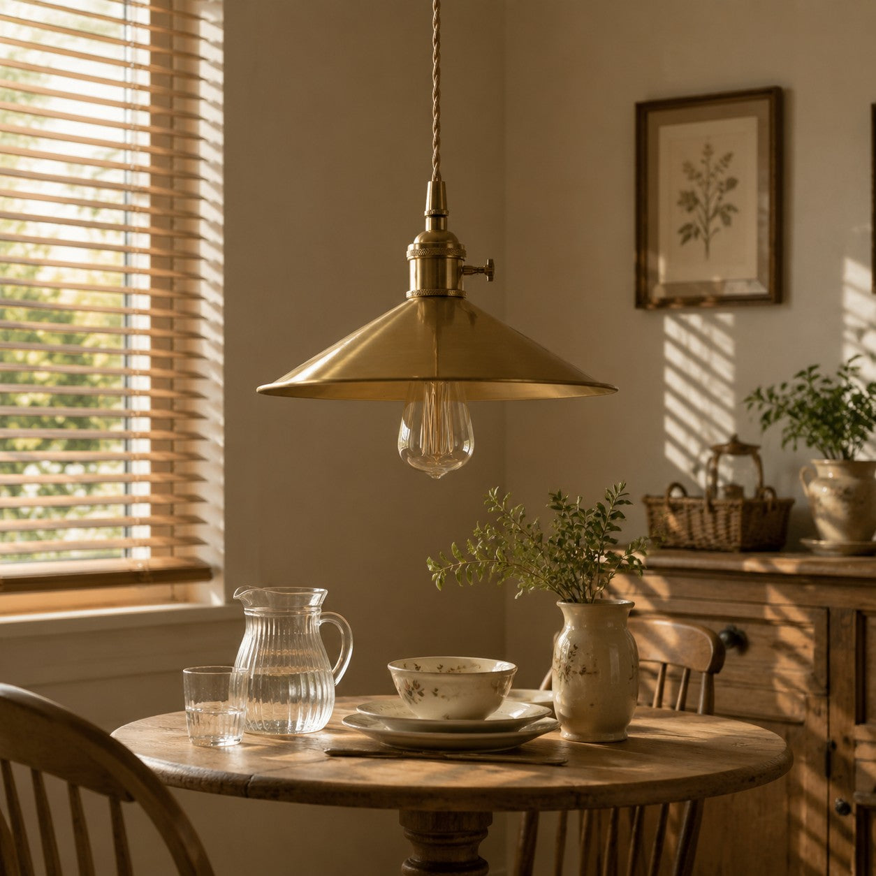 Wide disc copper pendant light above a dining table