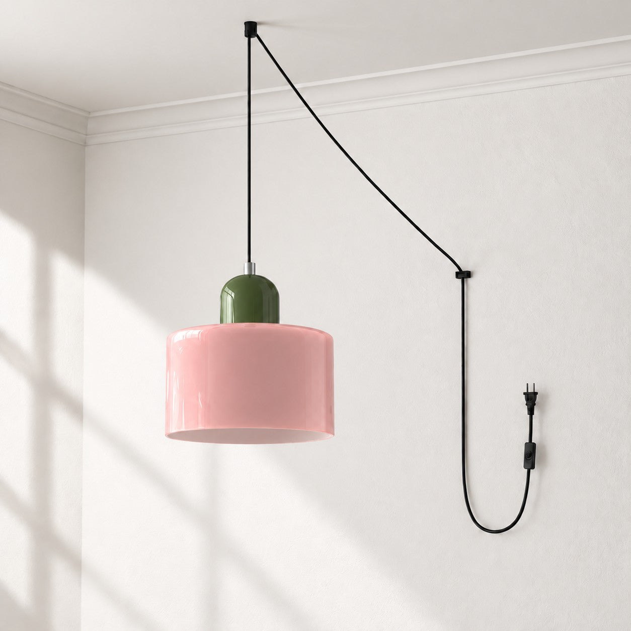 Mid-Century-Makronen-Pendelleuchte mit Stecker und Zugkabel - Bunter Lampenschirm als Hängelampe für die Wohnraumdekoration