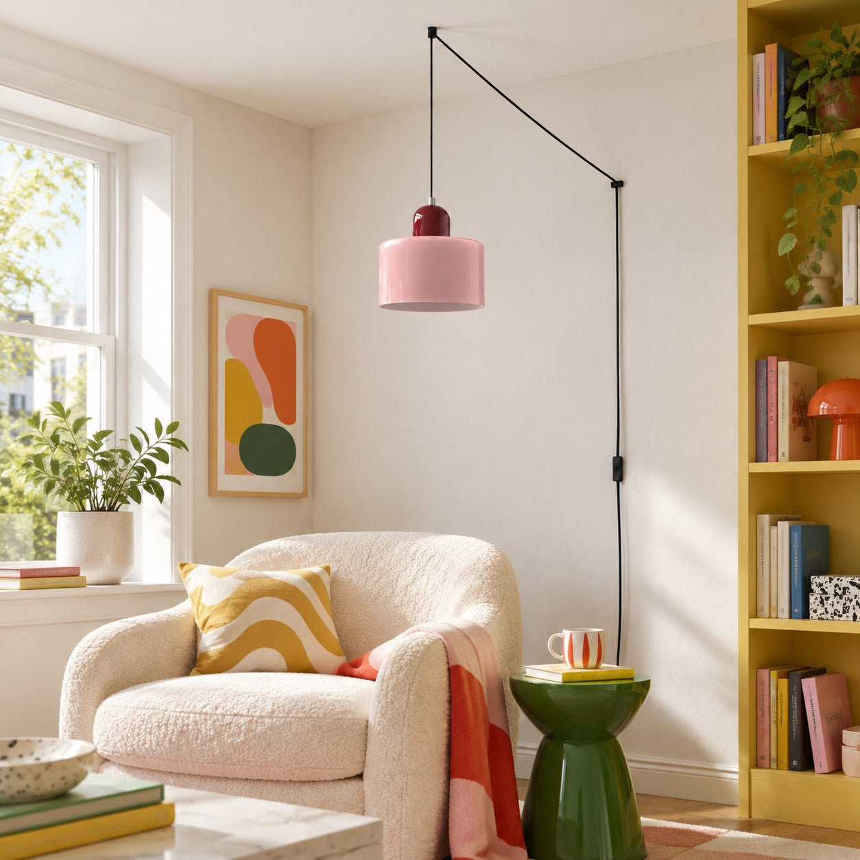 Mid-Century-Makronen-Pendelleuchte mit Stecker und Zugkabel - Bunter Lampenschirm als Hängelampe für die Wohnraumdekoration