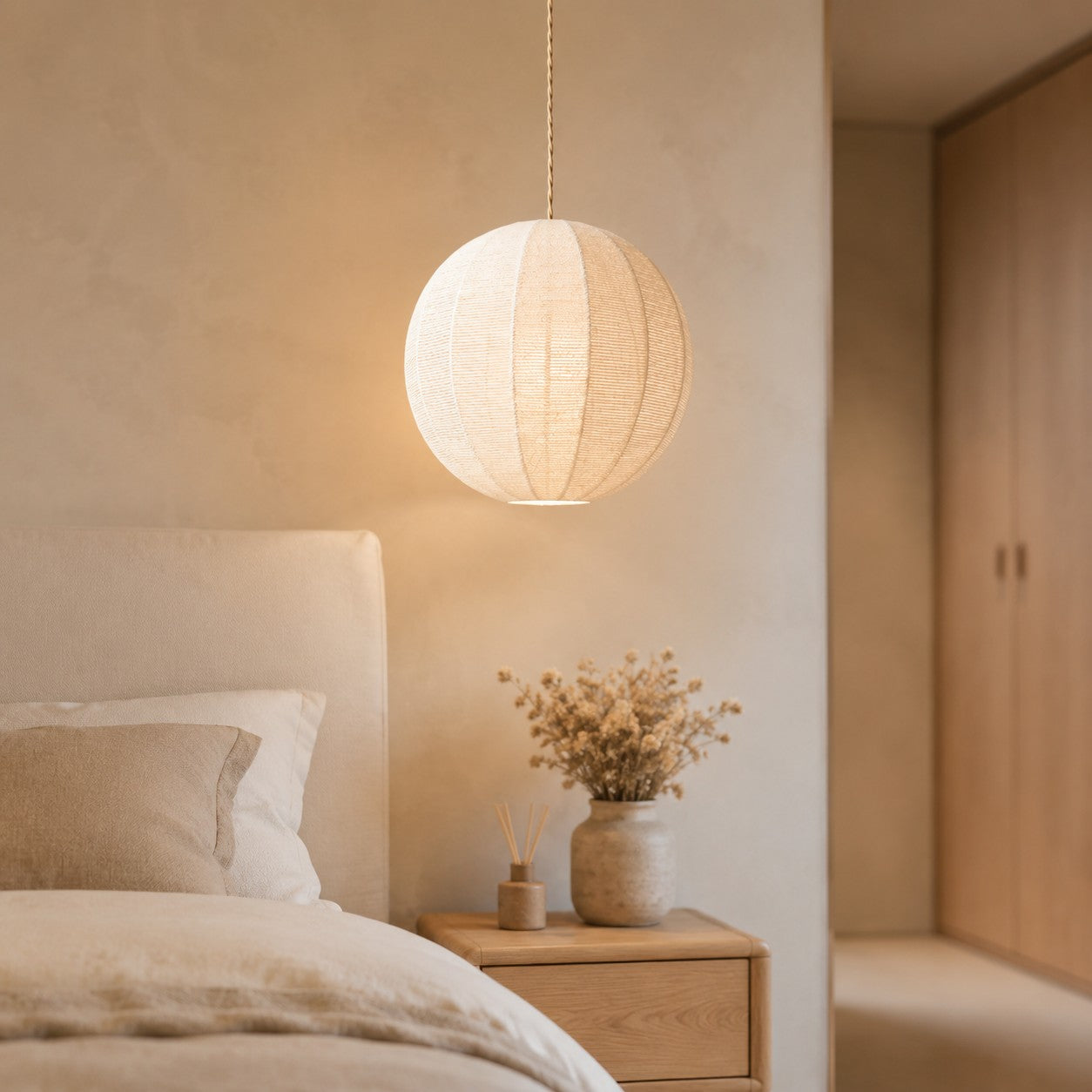 Handwoven Globe Pendant Light with Wood Canopy