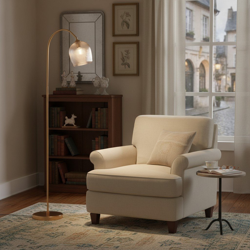Brazara Adjustable Glass Shade Floor Lamp – Curved Metal Stem for Living Spaces