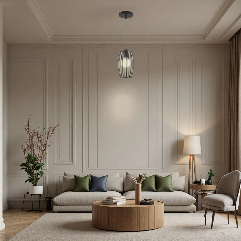 Striped Iron Drum Industrial Black Pendant Light