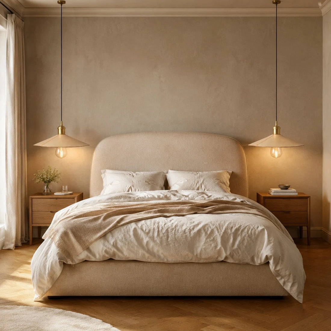 Pair of leather cone pendant lights beside a bedroom bed