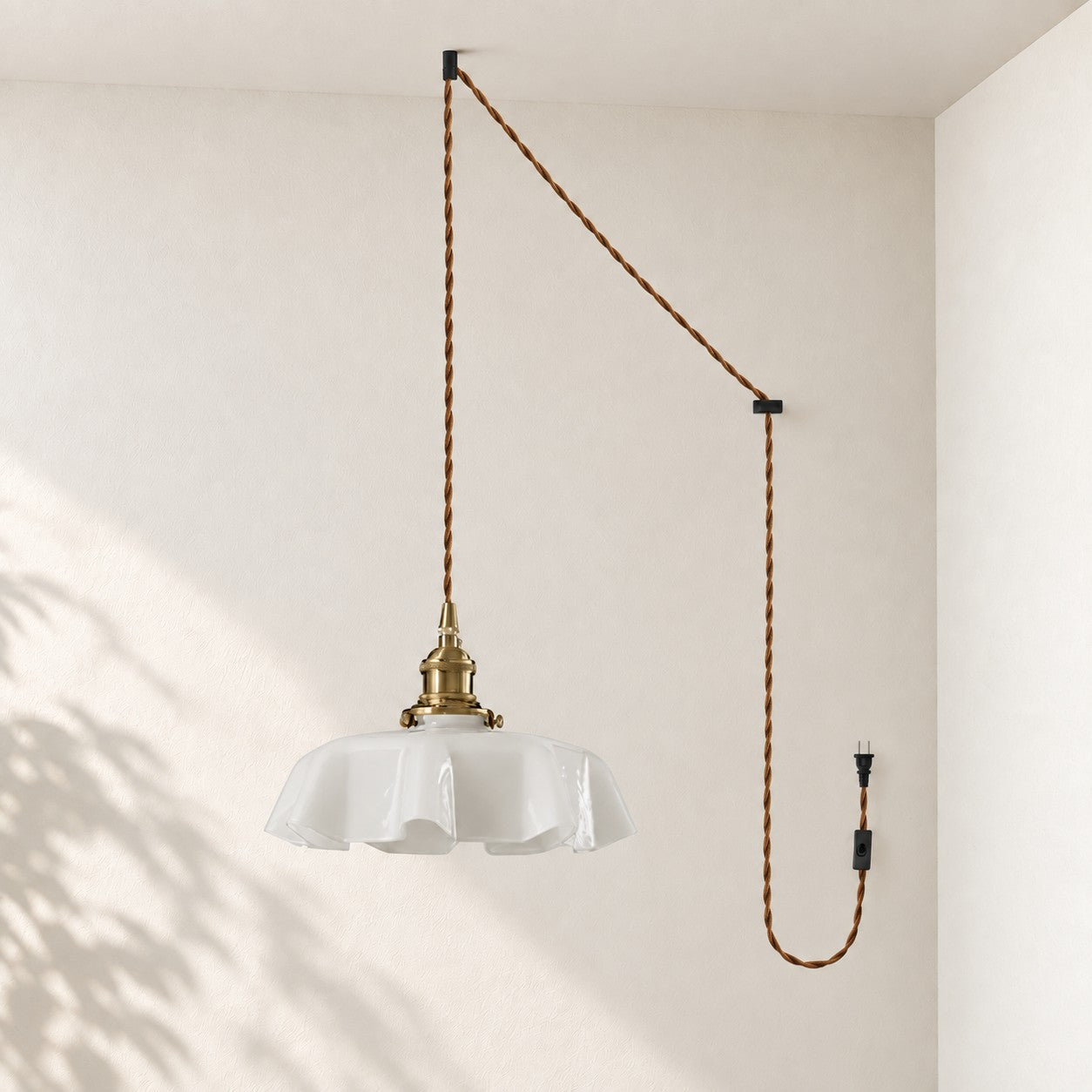 Pleated Glass Antique Brass Plug-In Swag Pendant
