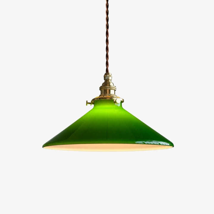 Style B cone green glass pendant lamp with brass finish