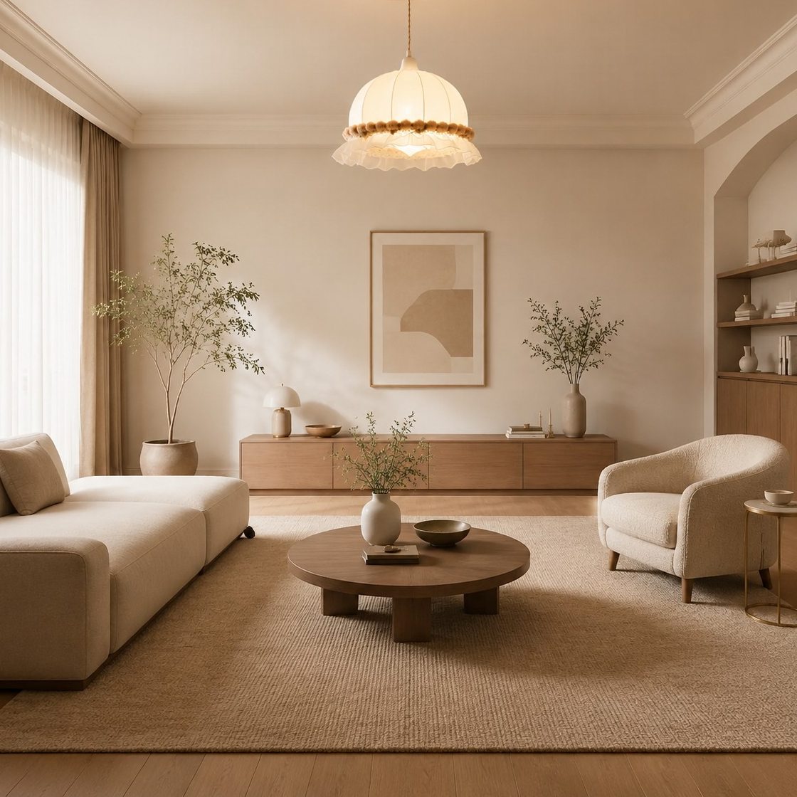 Warm camel lace pendant lamp in a calm contemporary living room