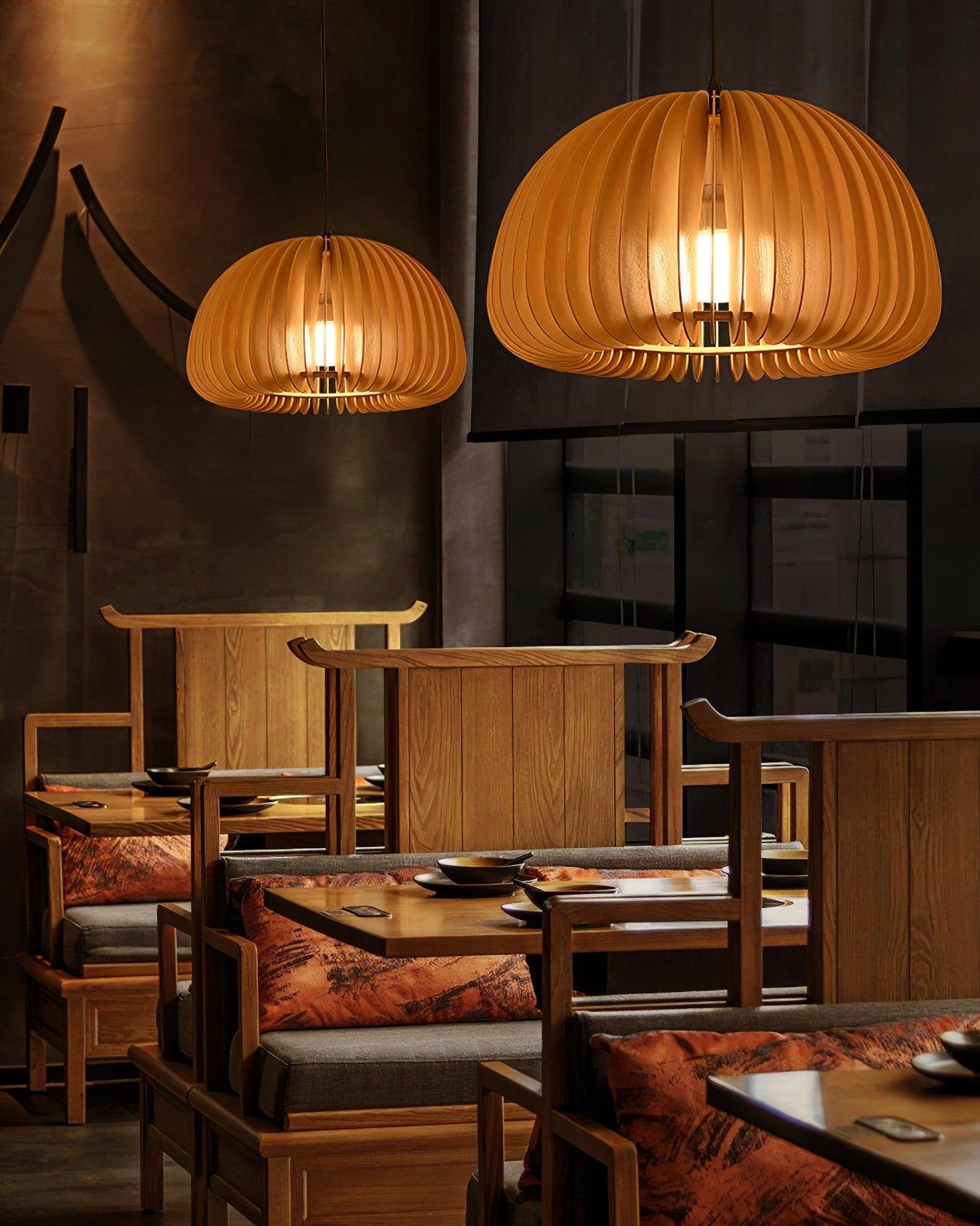 Rounded Wood Slat Swag Pendant Light