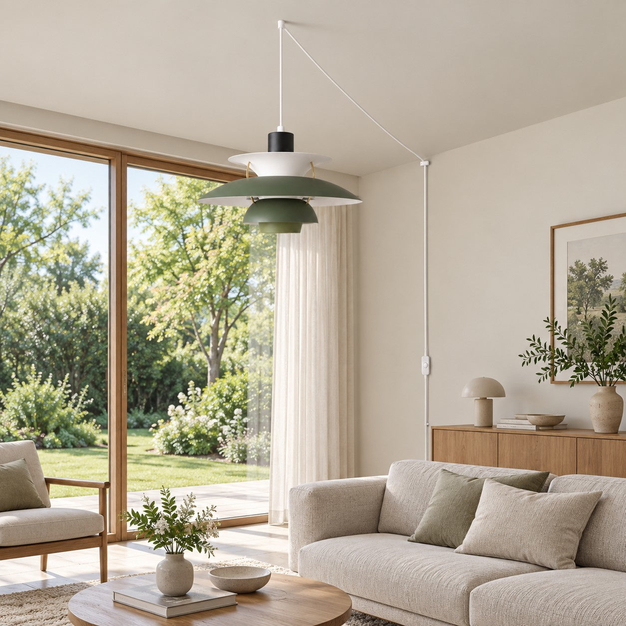 Moderne mehrlagige bunte Pendelleuchte mit Stecker und Zugkabel - Hängelampe aus Metall
