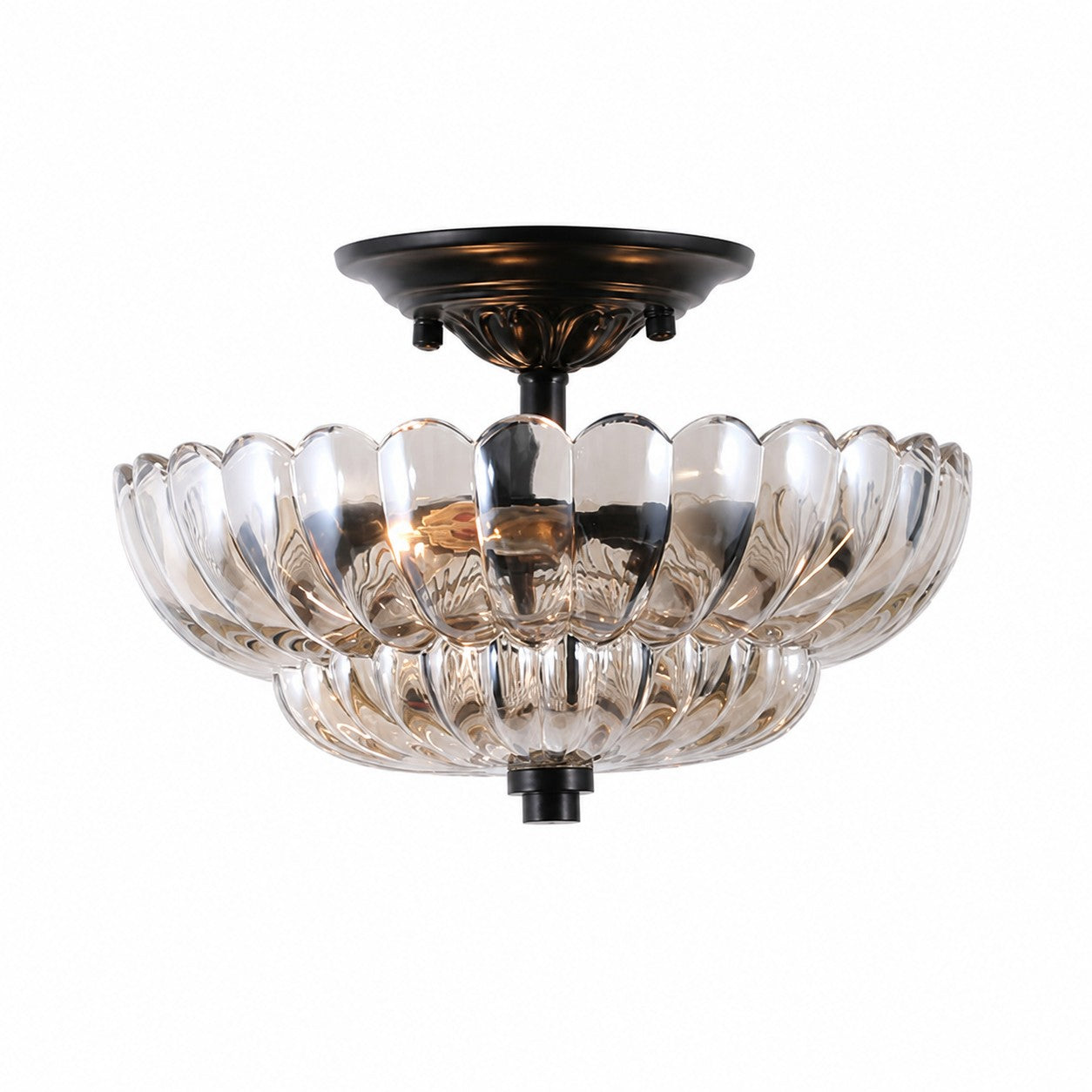 Floral Brass and Amber Glass Semi-Flush Ceiling Light