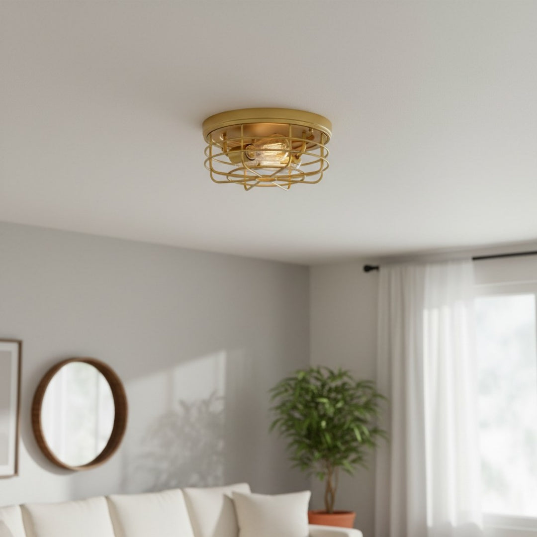 Gridray Round Metal Cage Ceiling Lamp Industrial Style – Indoor Lighting for Kitchen Entryway