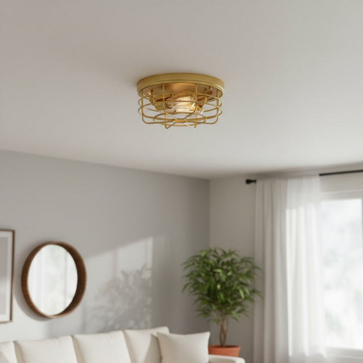 Gridray Round Metal Cage Ceiling Lamp Industrial Style – Indoor Lighting for Kitchen Entryway
