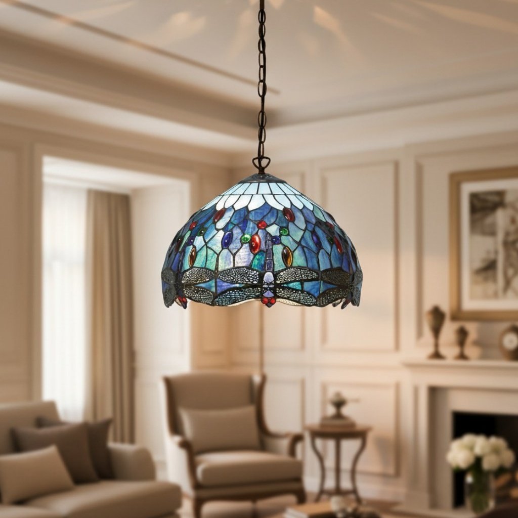 TF Dragonfly Tiffany Pendant Light – Art Nouveau Stained Glass Pendant for Living