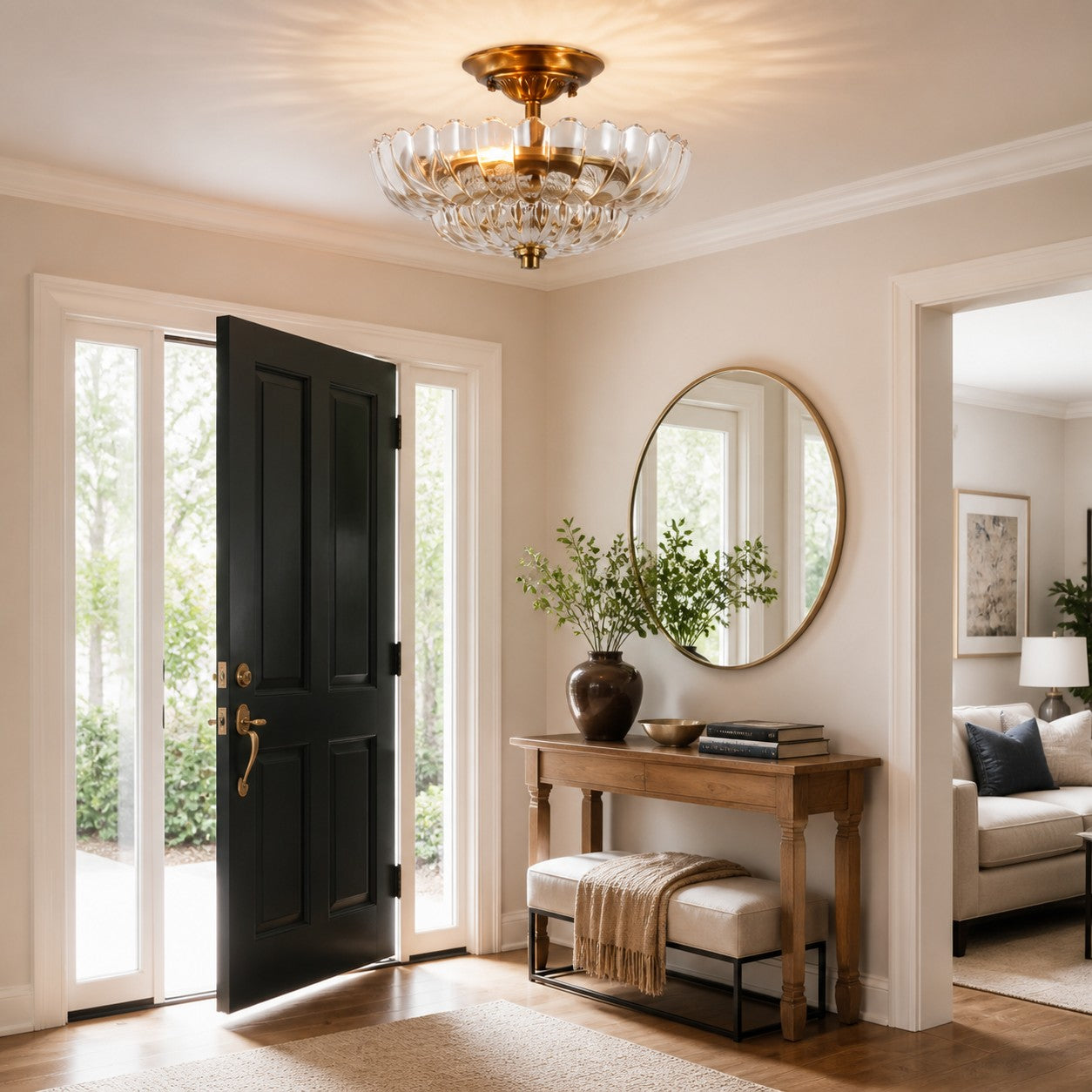 Floral Brass and Amber Glass Semi-Flush Ceiling Light