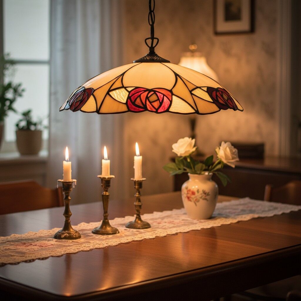 TF Ingram Tiffany Pendant Light – Vintage Handcrafted Stained Glass Floral Shade for Dining Room