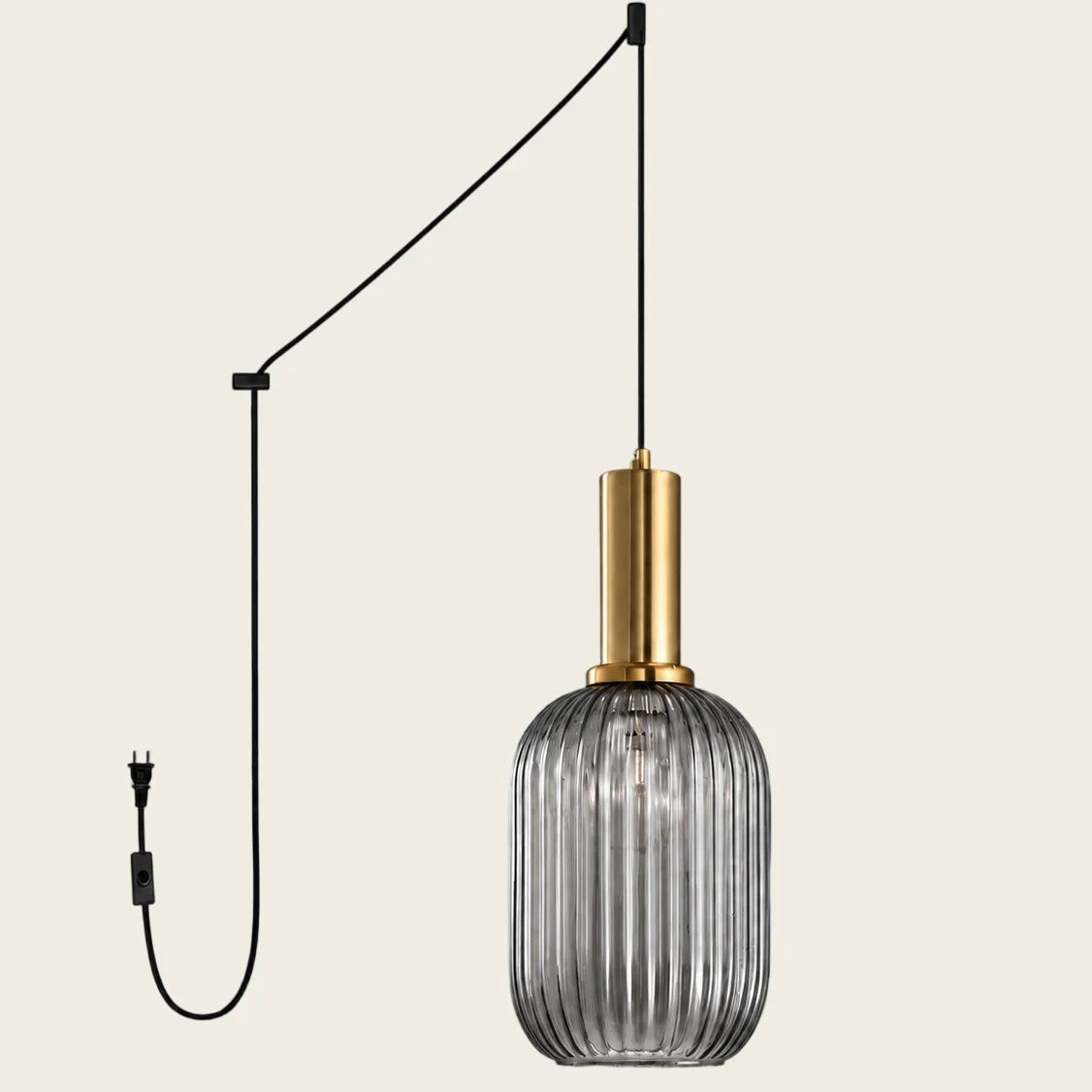 Smoky Grey Model A Large ribbed glass plug-in pendant light