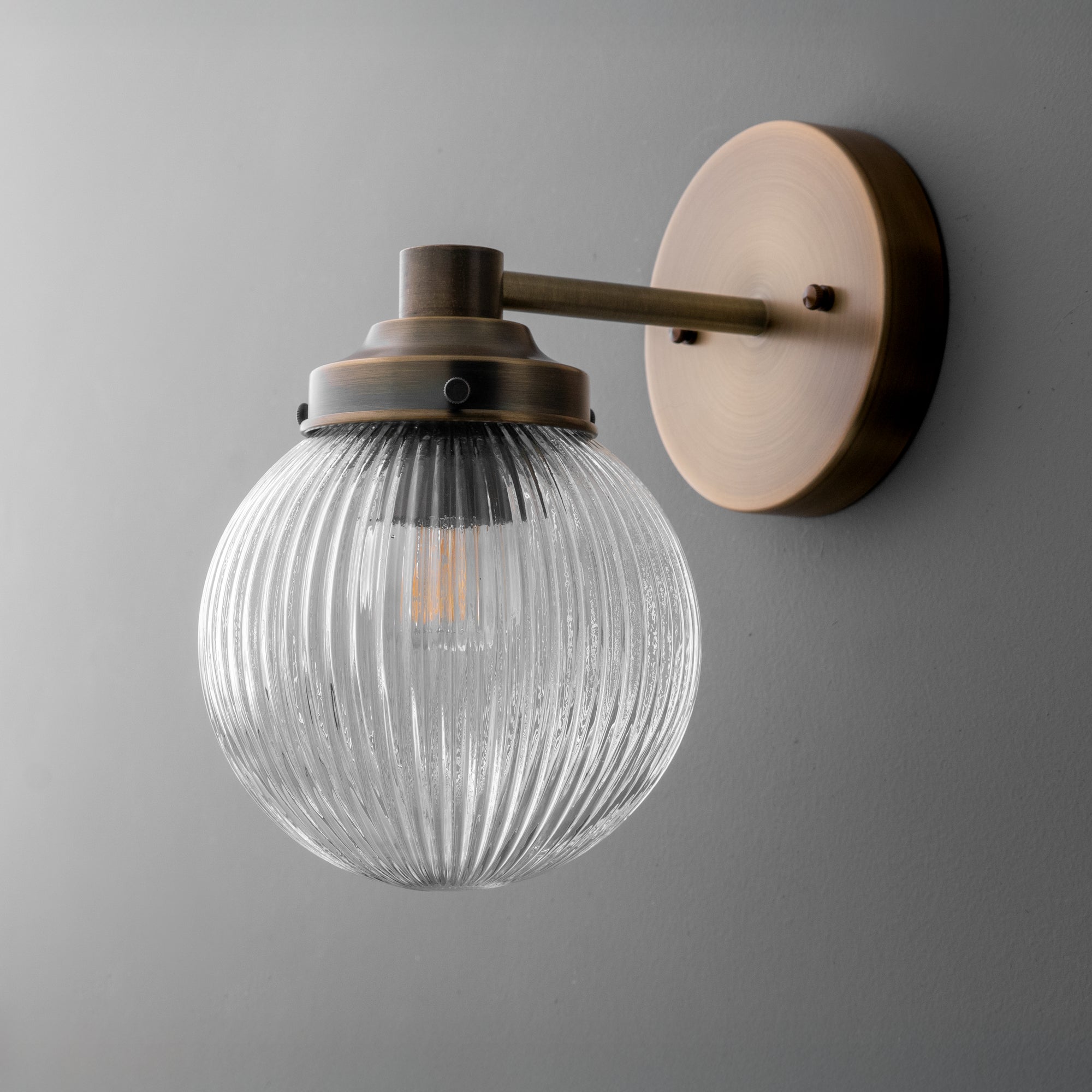 Glorica Glass Aged Brass Wall Sconce - Ribbed Glass Shade Industrial Style Lighting