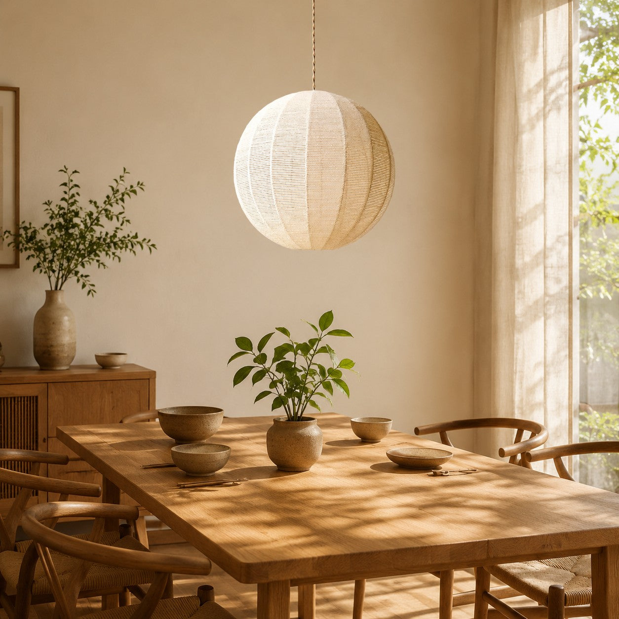 Handwoven Globe Pendant Light with Wood Canopy