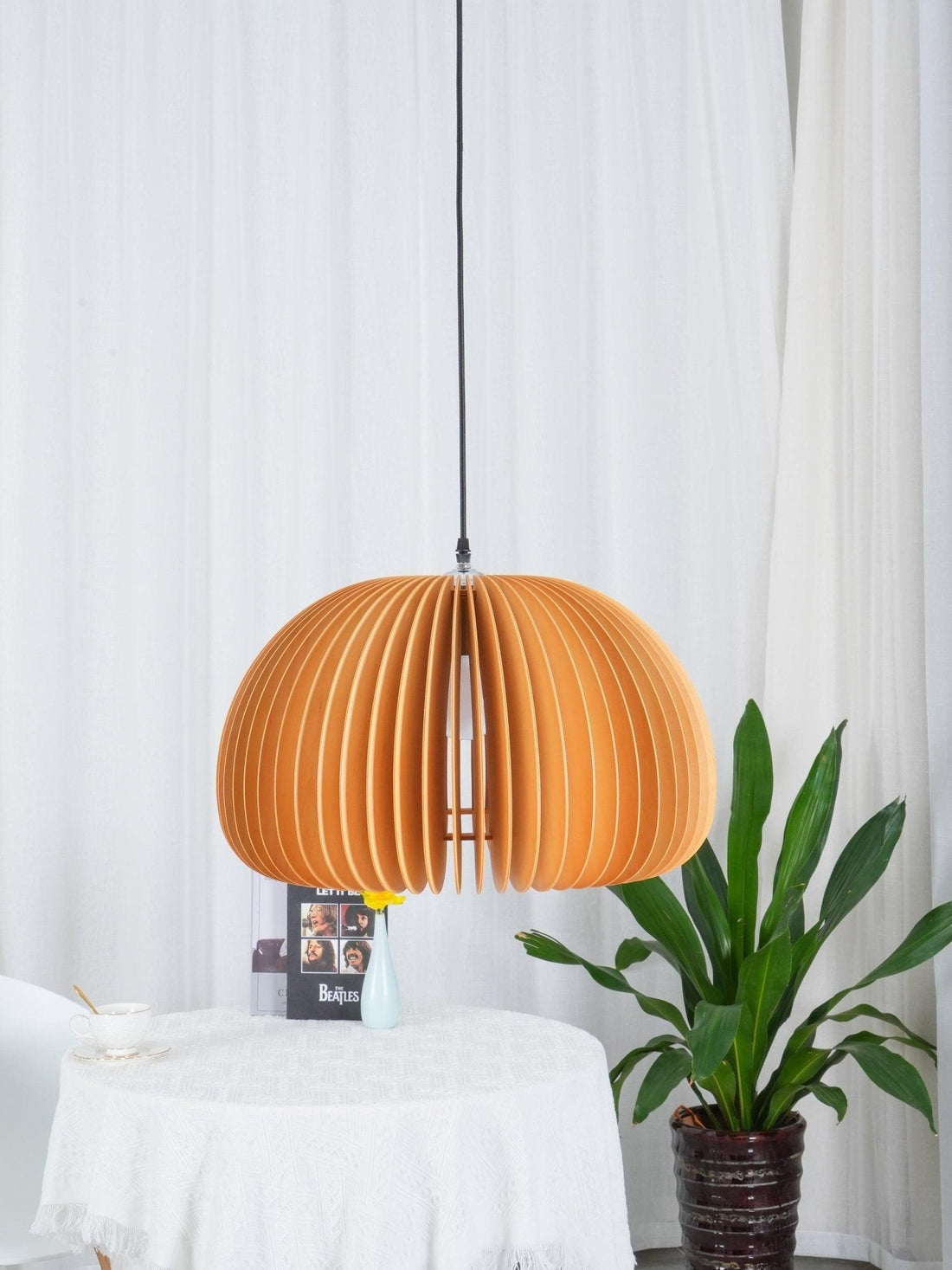 Rounded Wood Slat Swag Pendant Light