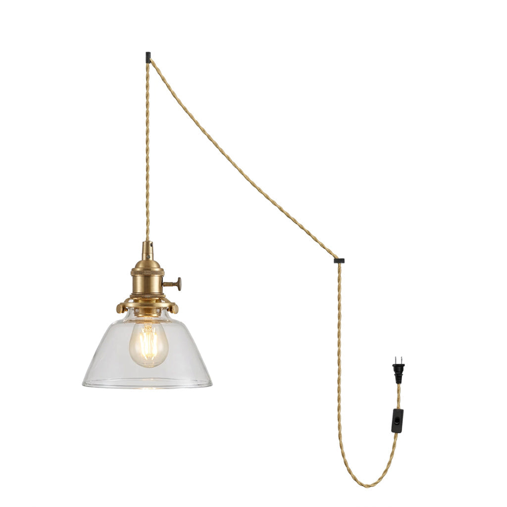 Pendelleuchte aus Messing und Klarglas mit Stecker