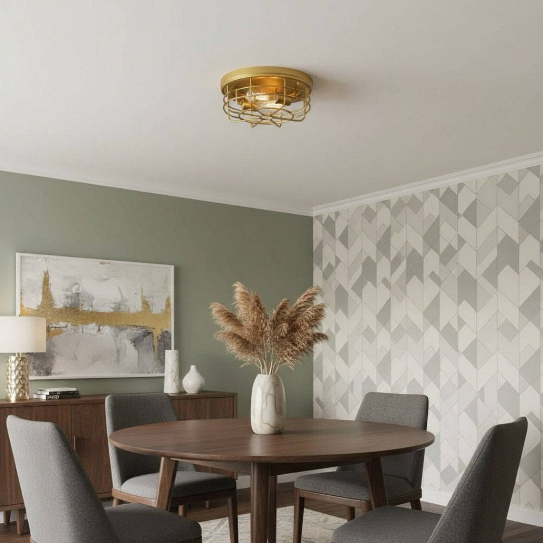 Gridray Round Metal Cage Ceiling Lamp Industrial Style – Indoor Lighting for Kitchen Entryway