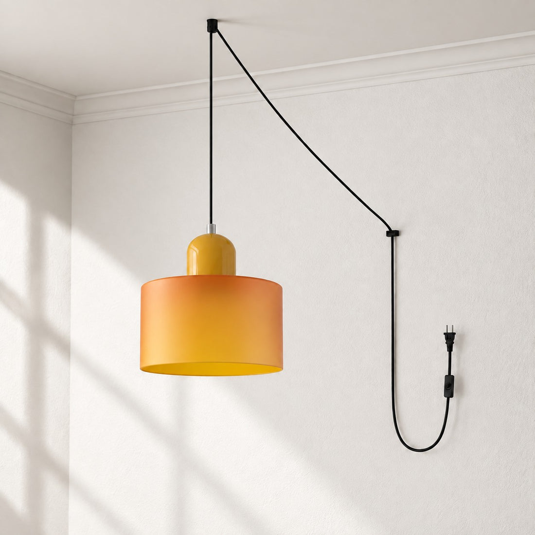 Mid-Century-Makronen-Pendelleuchte mit Stecker und Zugkabel - Bunter Lampenschirm als Hängelampe für die Wohnraumdekoration