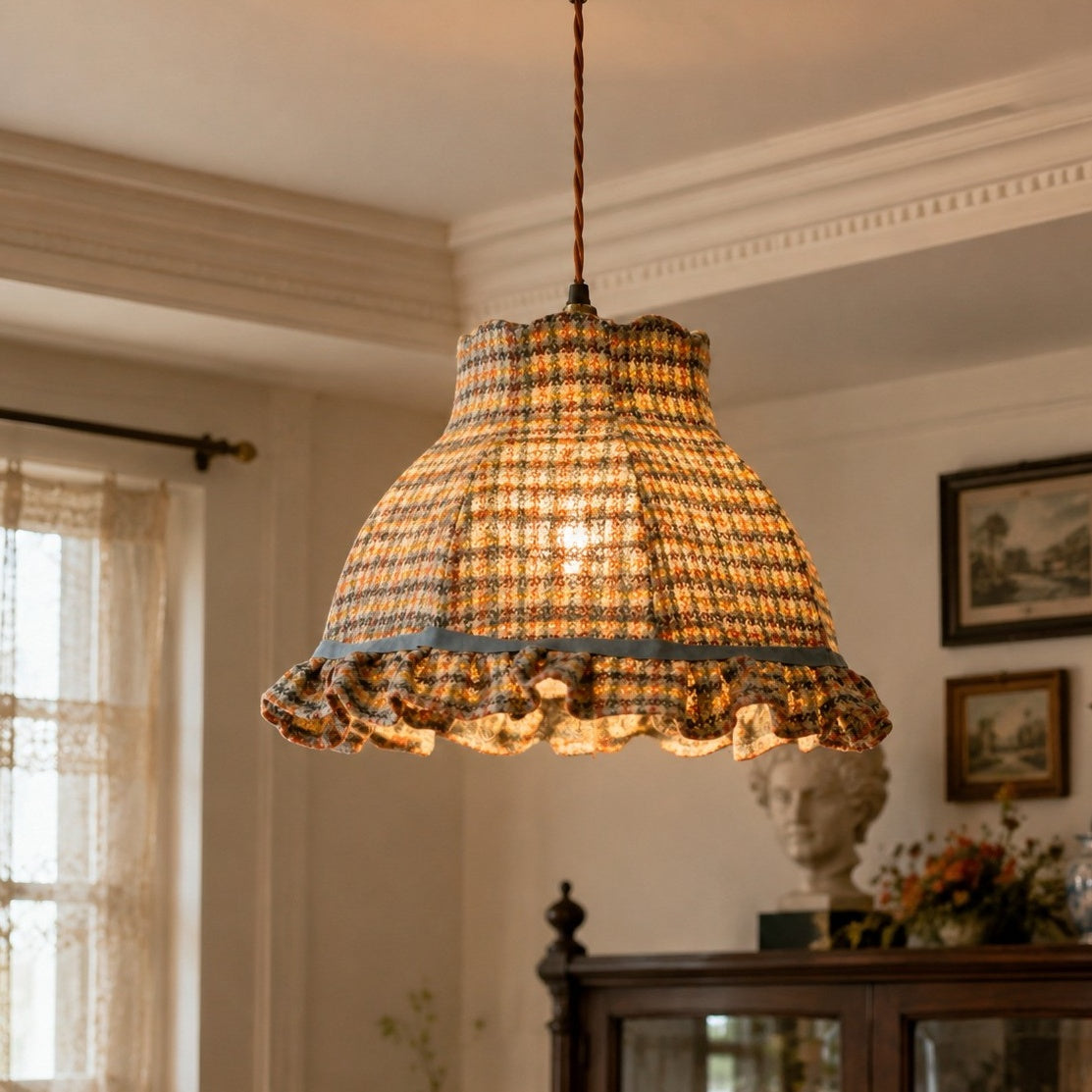 Vintage French Plaid Tweed Fabric Pendant Light