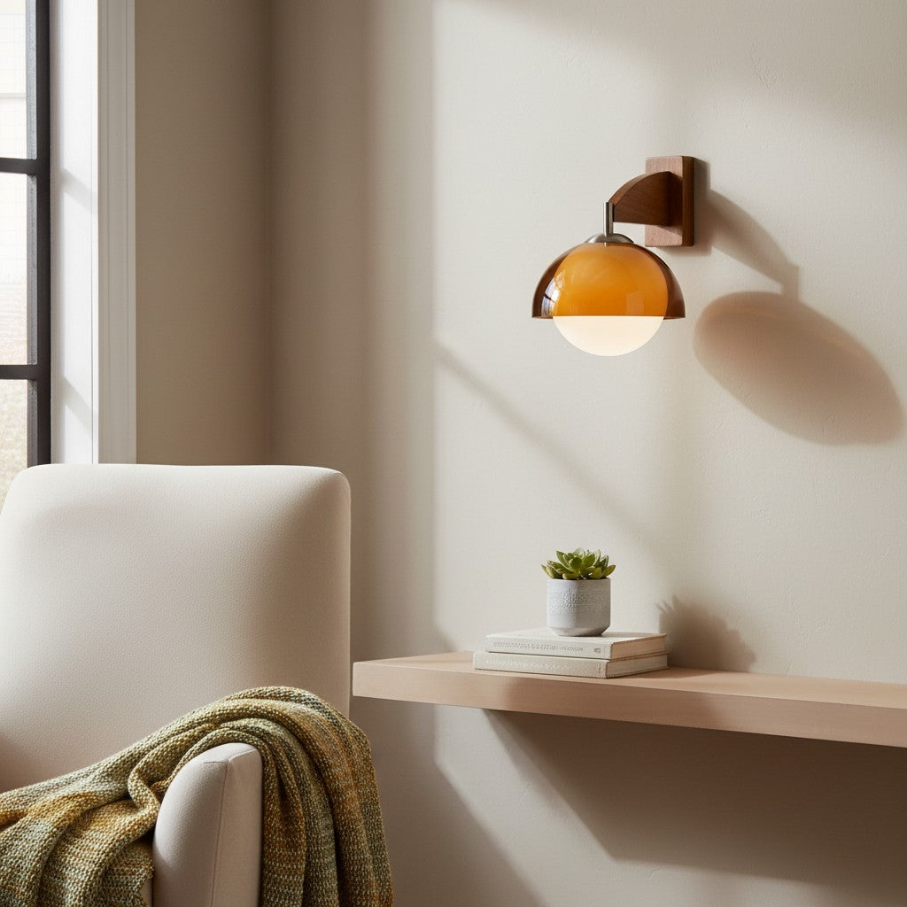 Afterglow Modern Sunset Wall Lamp – Dual Glass Shade Design with Wood-Texture Base
