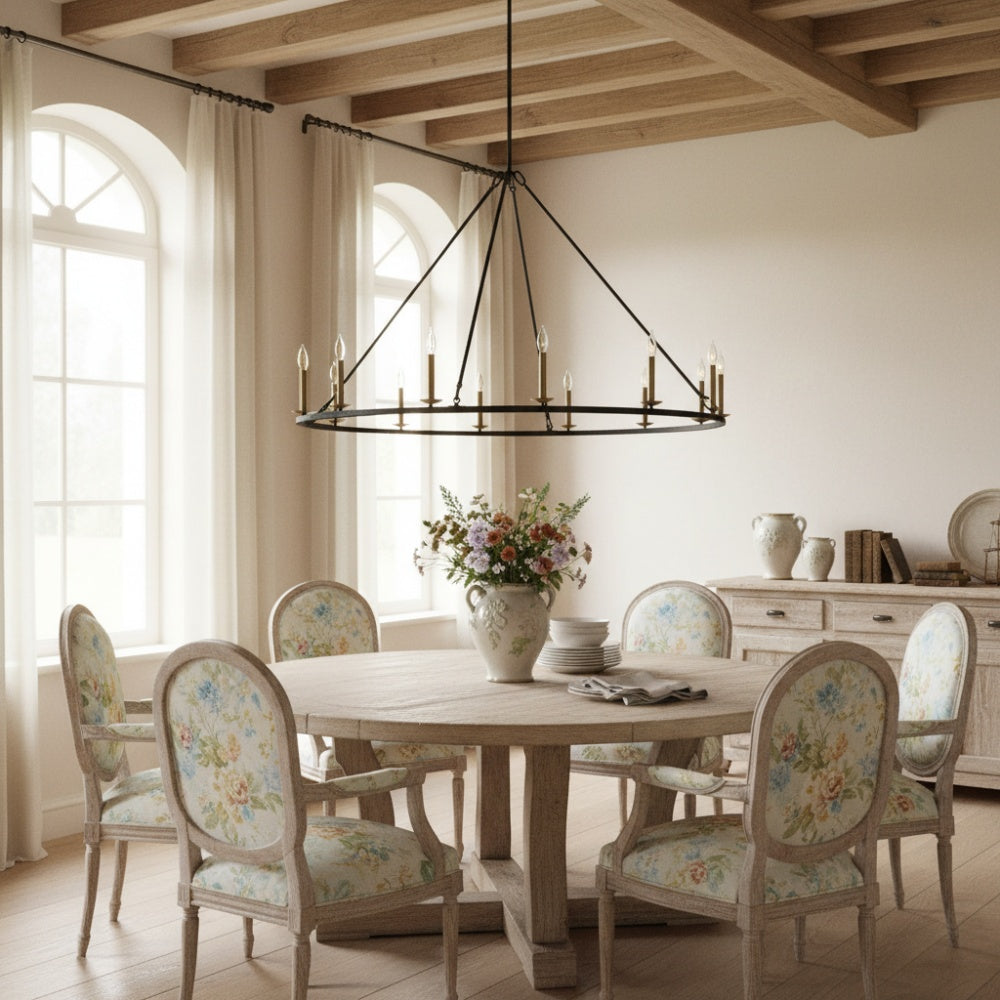Rowan Rustic Iron Chandelier - Round Wagon Wheel Lamp for Living Room