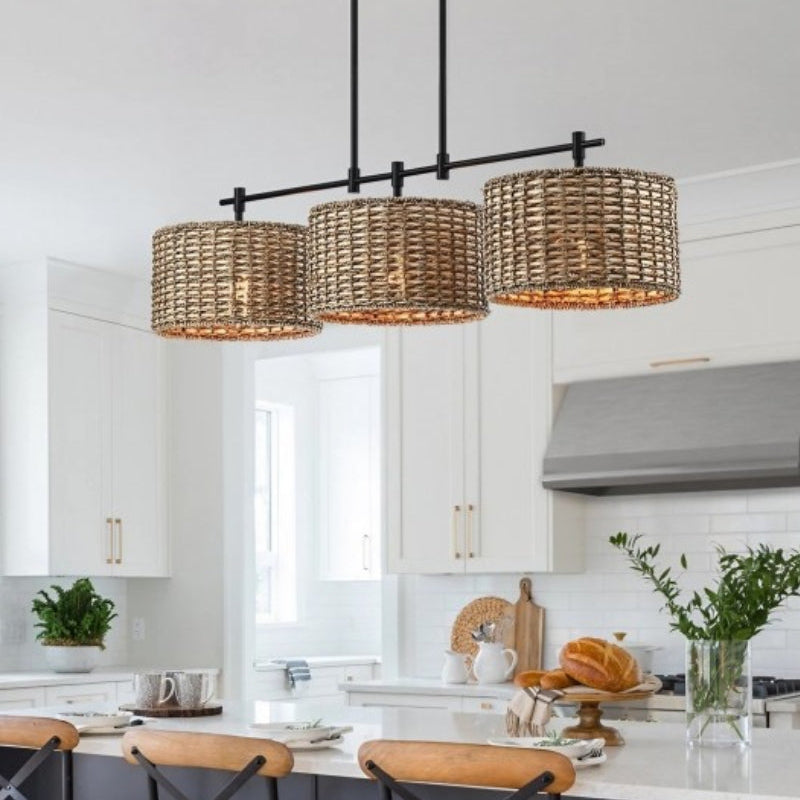 3 Light Handwoven Drum Farmhouse Pendant Light