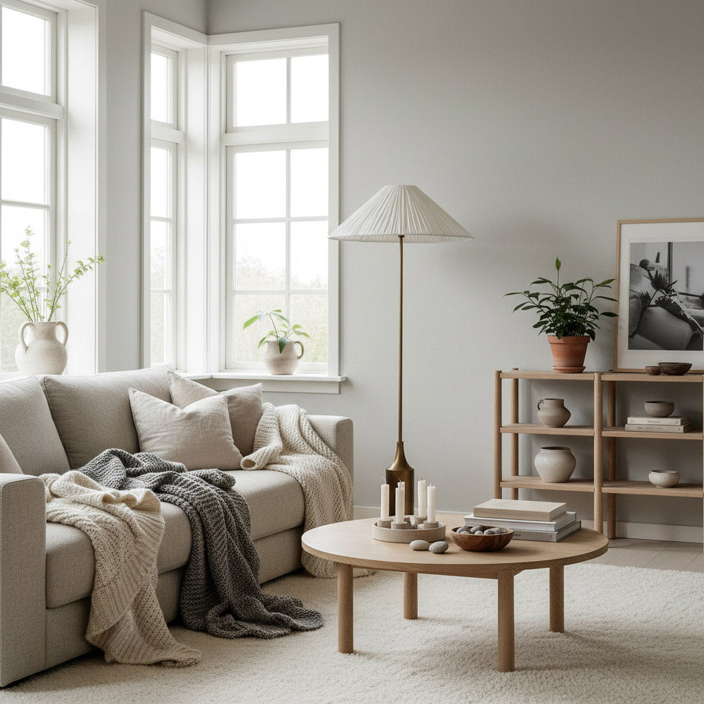 Lindi - aged brass and linen scalloped floor lamp