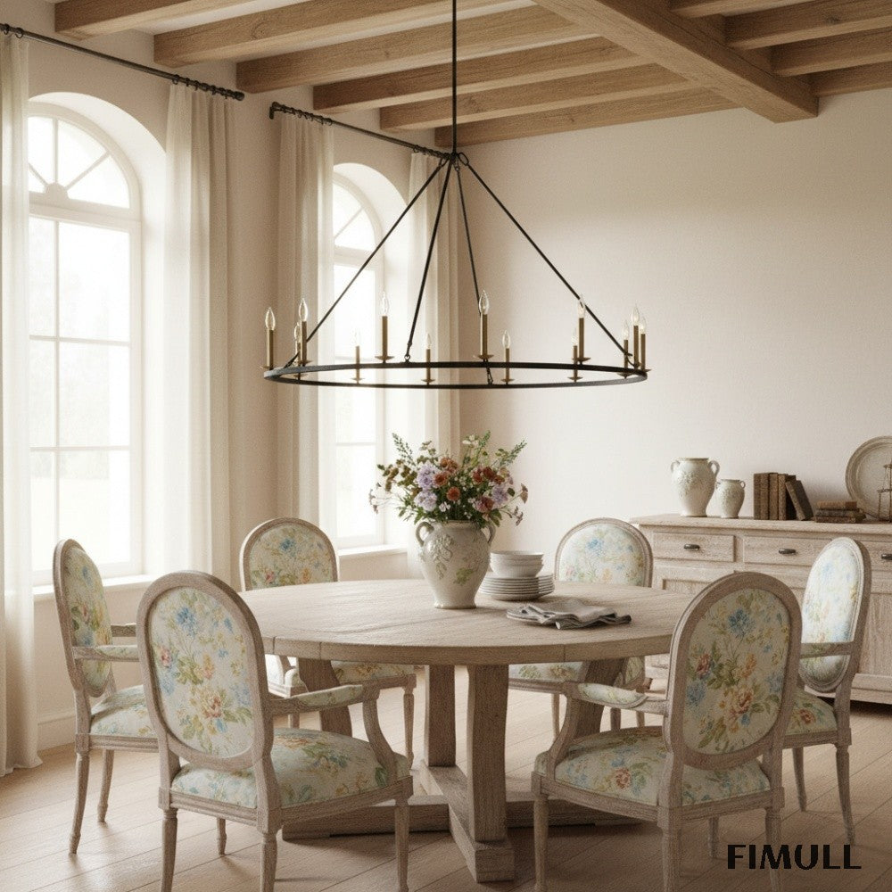 Rowan Rustic Iron Chandelier - Round Wagon Wheel Lamp for Living Room