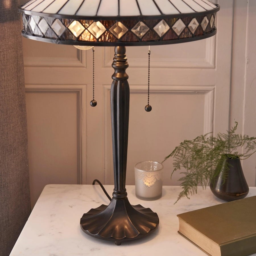 TF Fargo Geometric Tiffany Style Lamp — Amber and Cream Glass Accent Lighting for Bedroom or Study