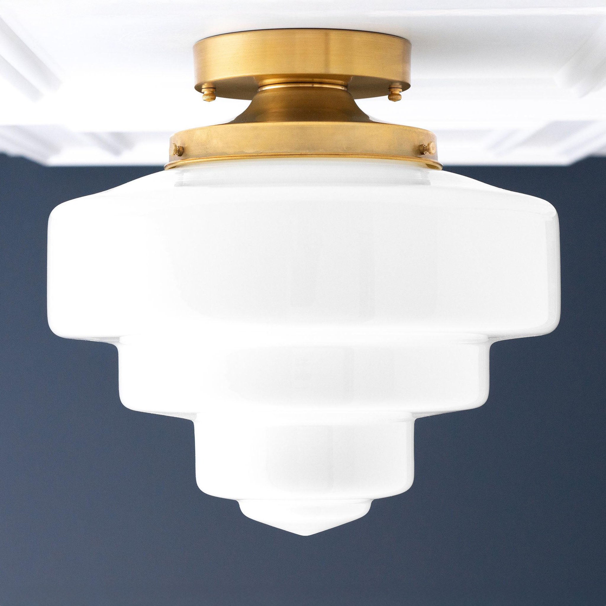 Geotower Glass Brass Ceiling Lamp – Handblown Opal Glass Globe Light