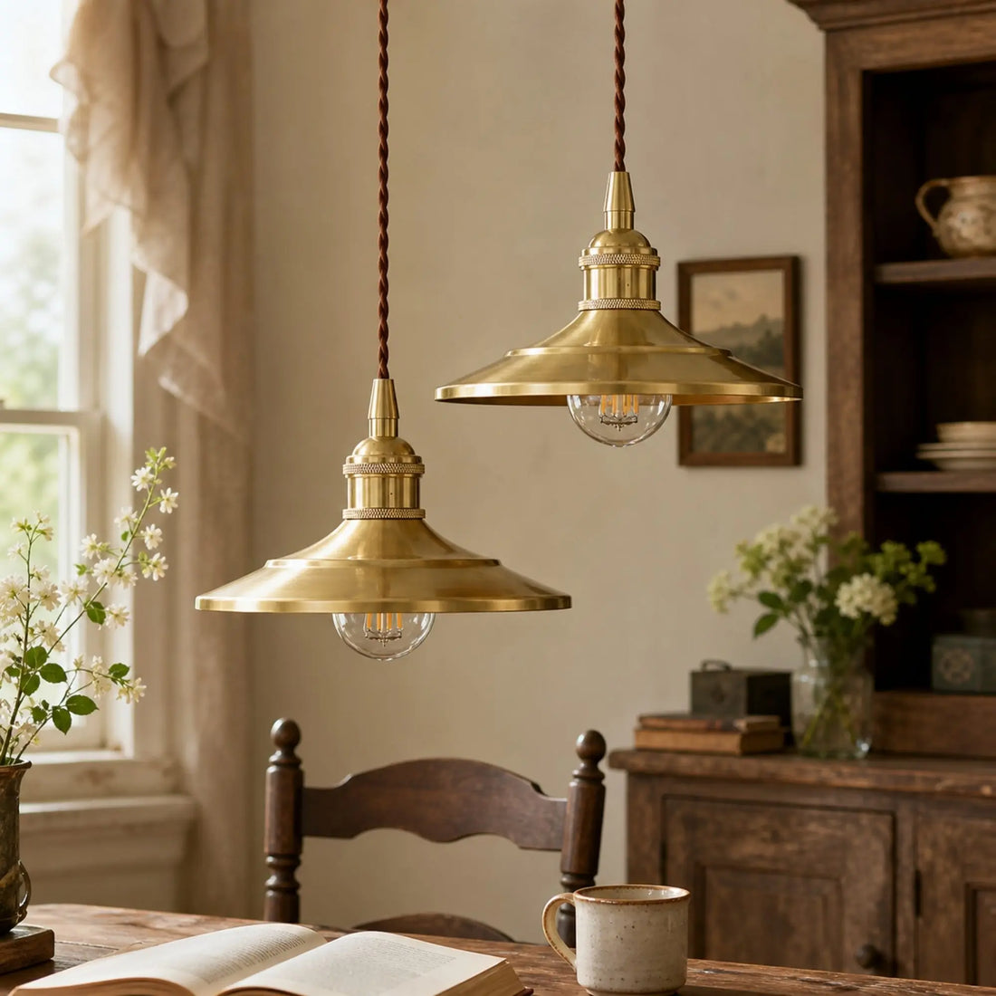 Two polished brass pendant lights in a vintage dining interior