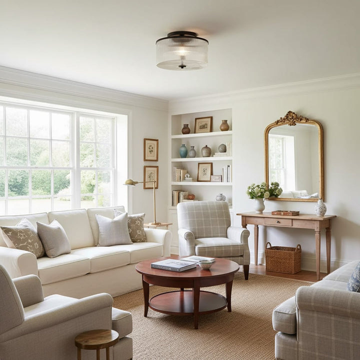 Drum Ribbed Glass Ceiling Lamp - Vintage Farmhouse Flush Mount