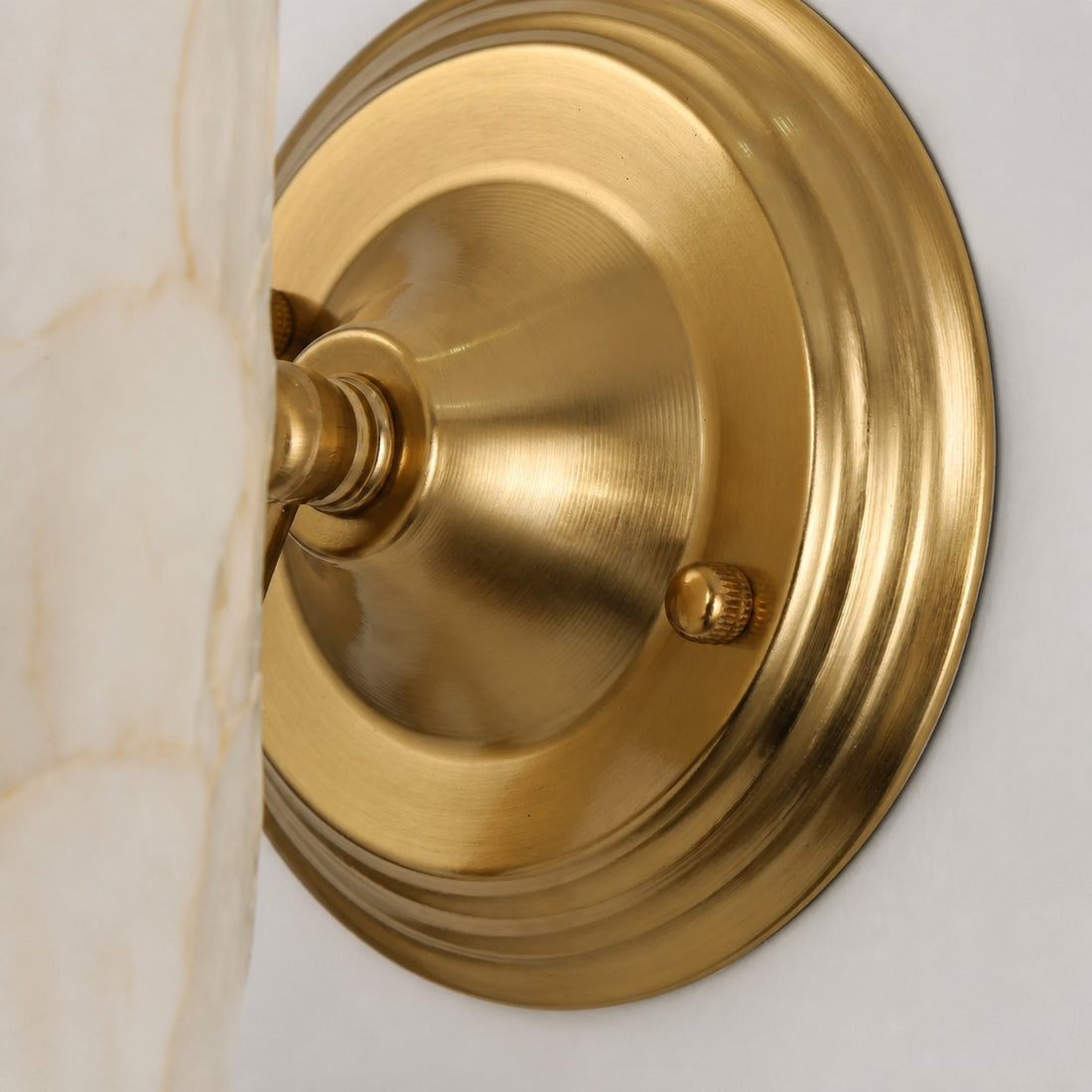 Close-up of brushed brass wall plate and mounting detail