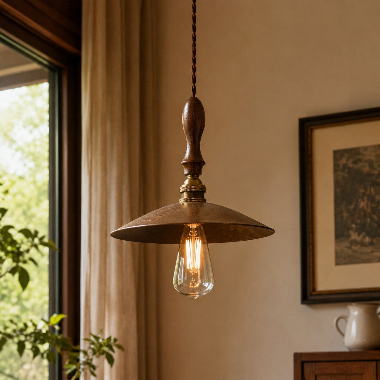 Vintage brass pendant installed in living space