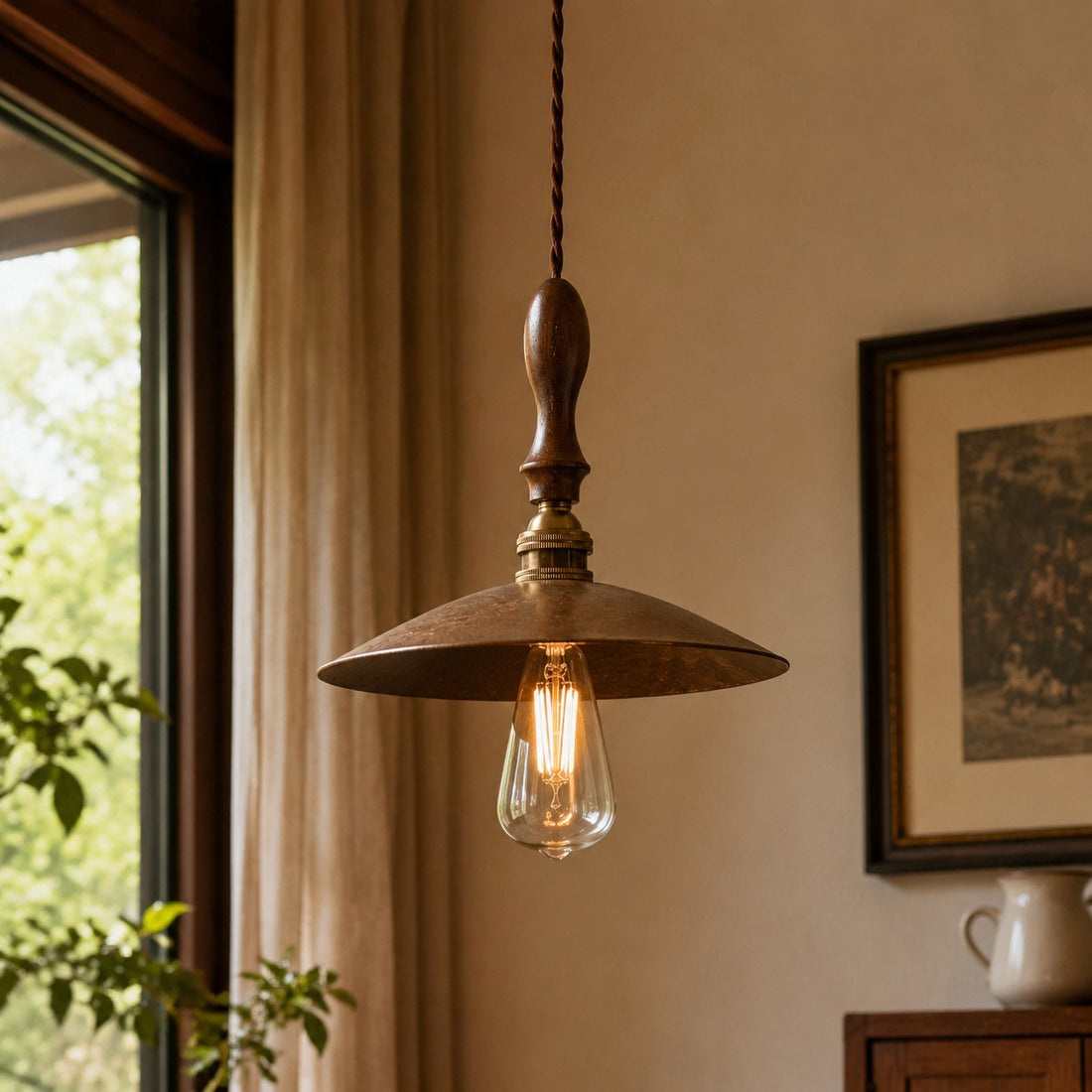 Vintage brass pendant installed in living space