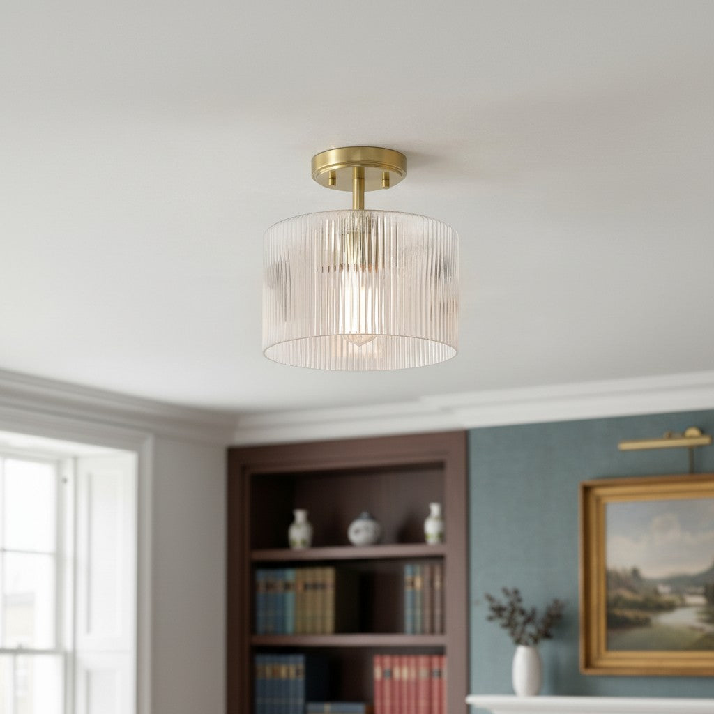 Rivora Ribbed Glass Semi Flush Ceiling - Modern Farmhouse Ceiling Light for Bedroom and Hallway U09