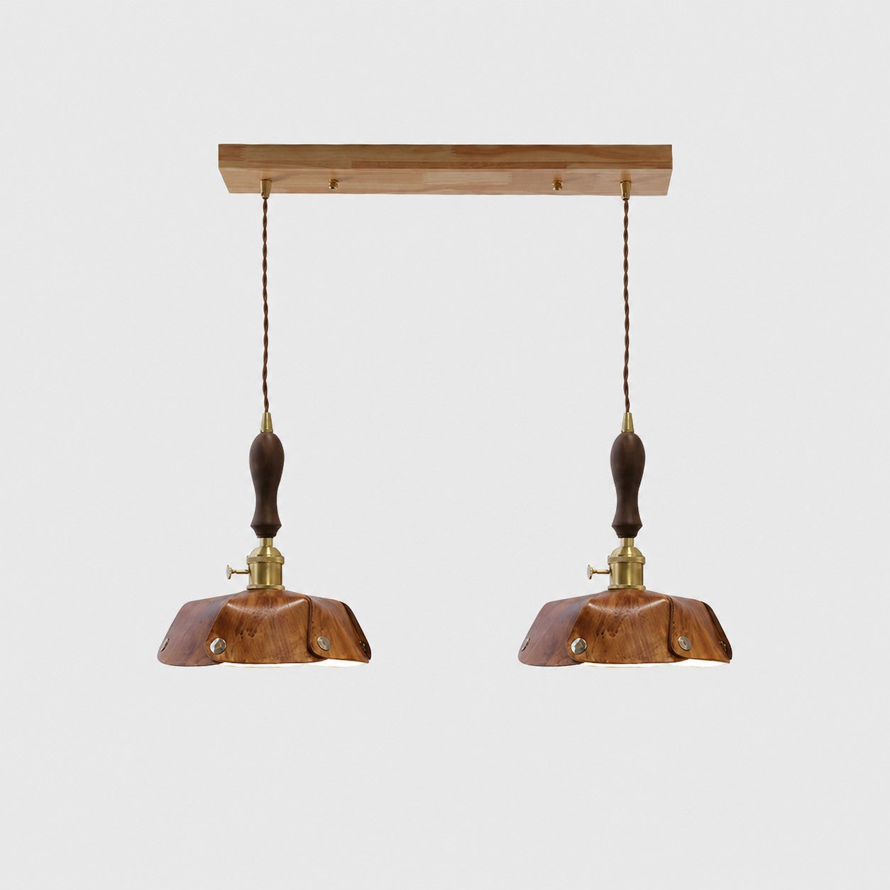 2-Light Linear Pendant Vintage Brown Leather Bar 50 cm / 19.7 in; Shade Dia. 25 cm / 9.8 in
