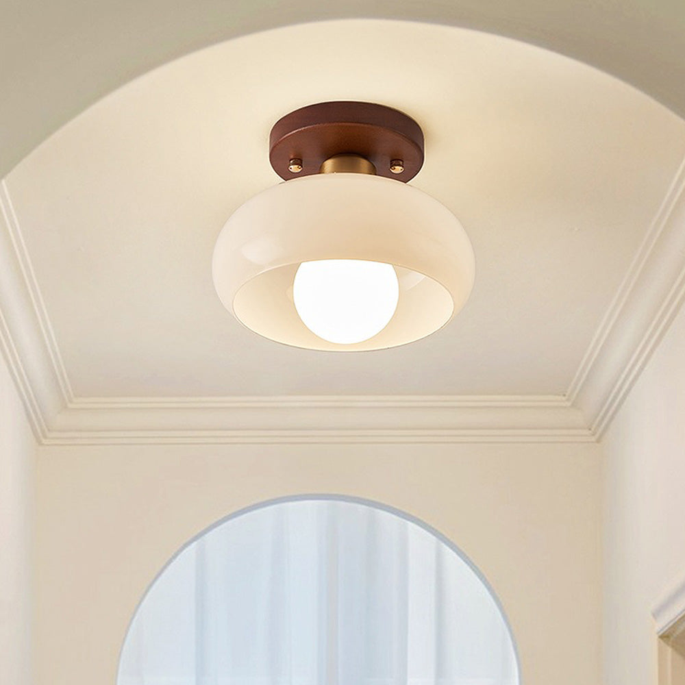 Cream Glass Ceiling Light - Vintage Bauhaus Walnut Lamp for Hallway