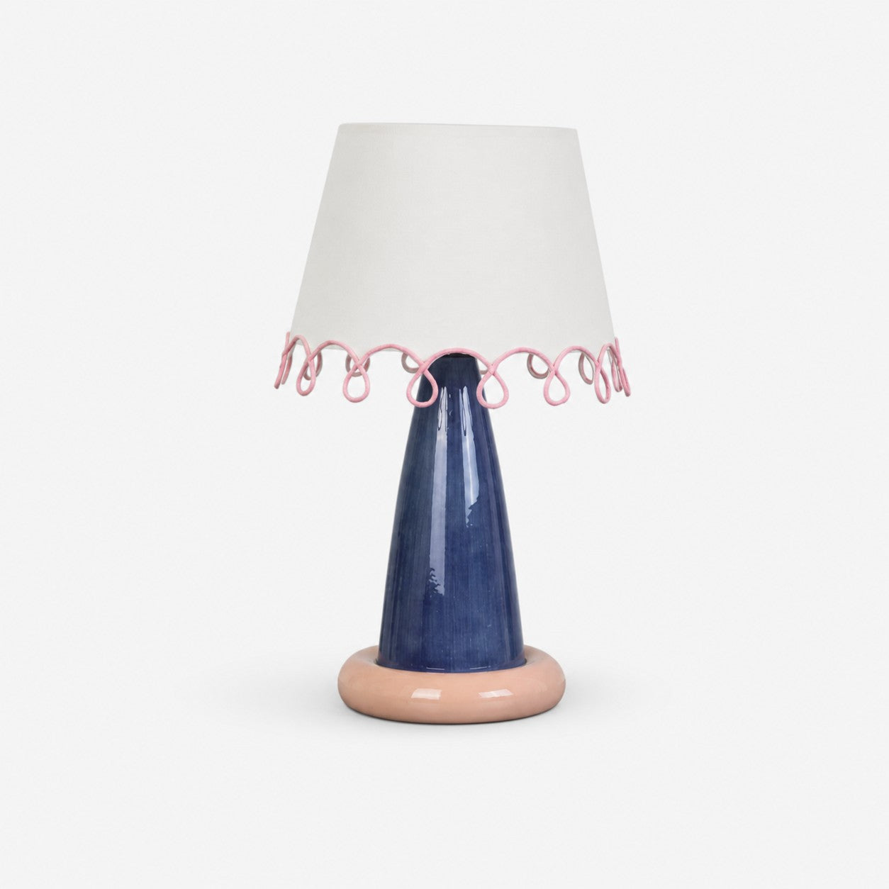 Sculptural ceramic table lamp in navy blue and blush pink