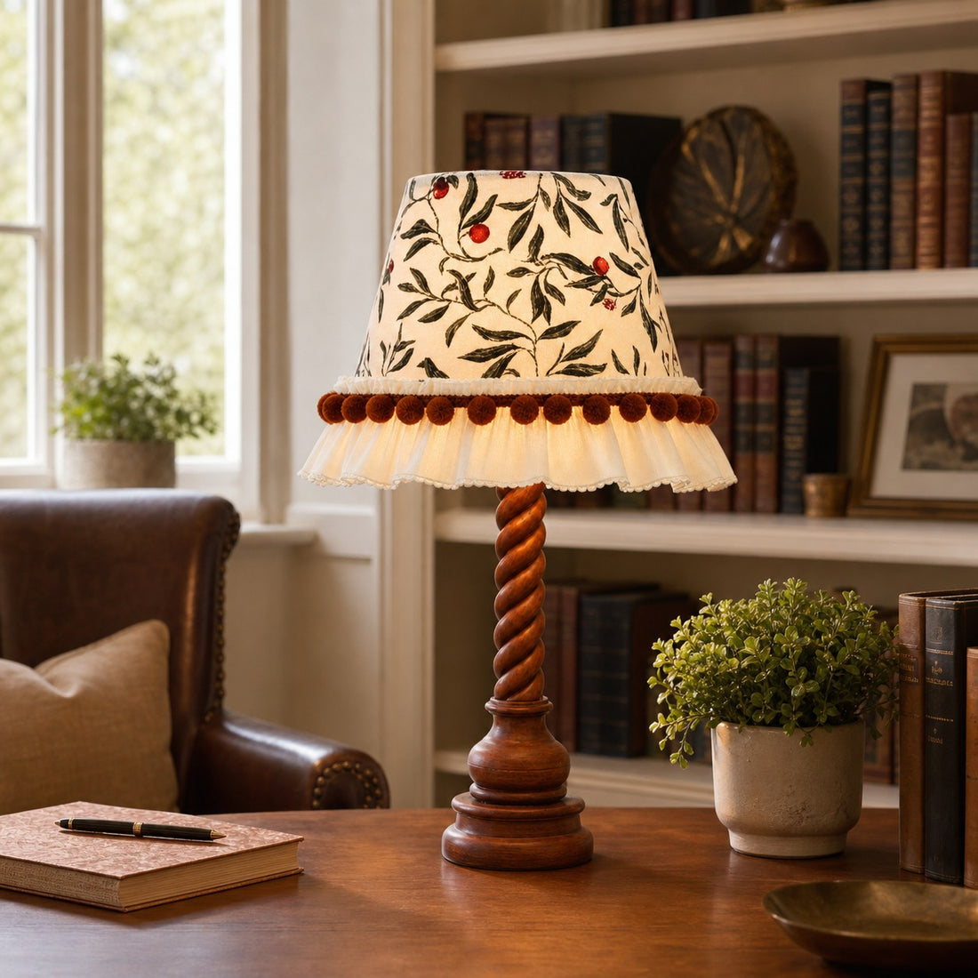 Twist wood table lamp styled on a study desk