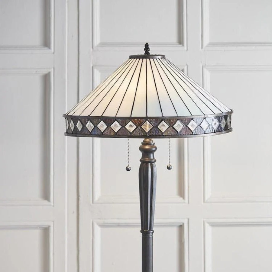 TF Fargo Geometric Tiffany Style Lamp — Amber and Cream Glass Accent Lighting for Bedroom or Study