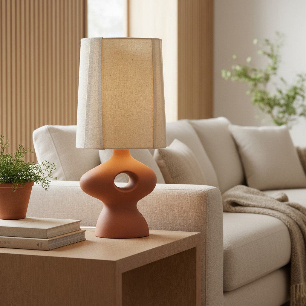 Pryssa Ceramic Table Lamp with Ivory Linen Shade -  Artistic Lighting for Living Room or Bedroom