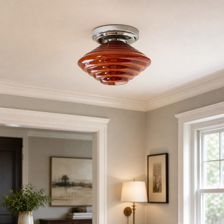 vintage amber glass G9 ceiling light with chrome ceiling plate