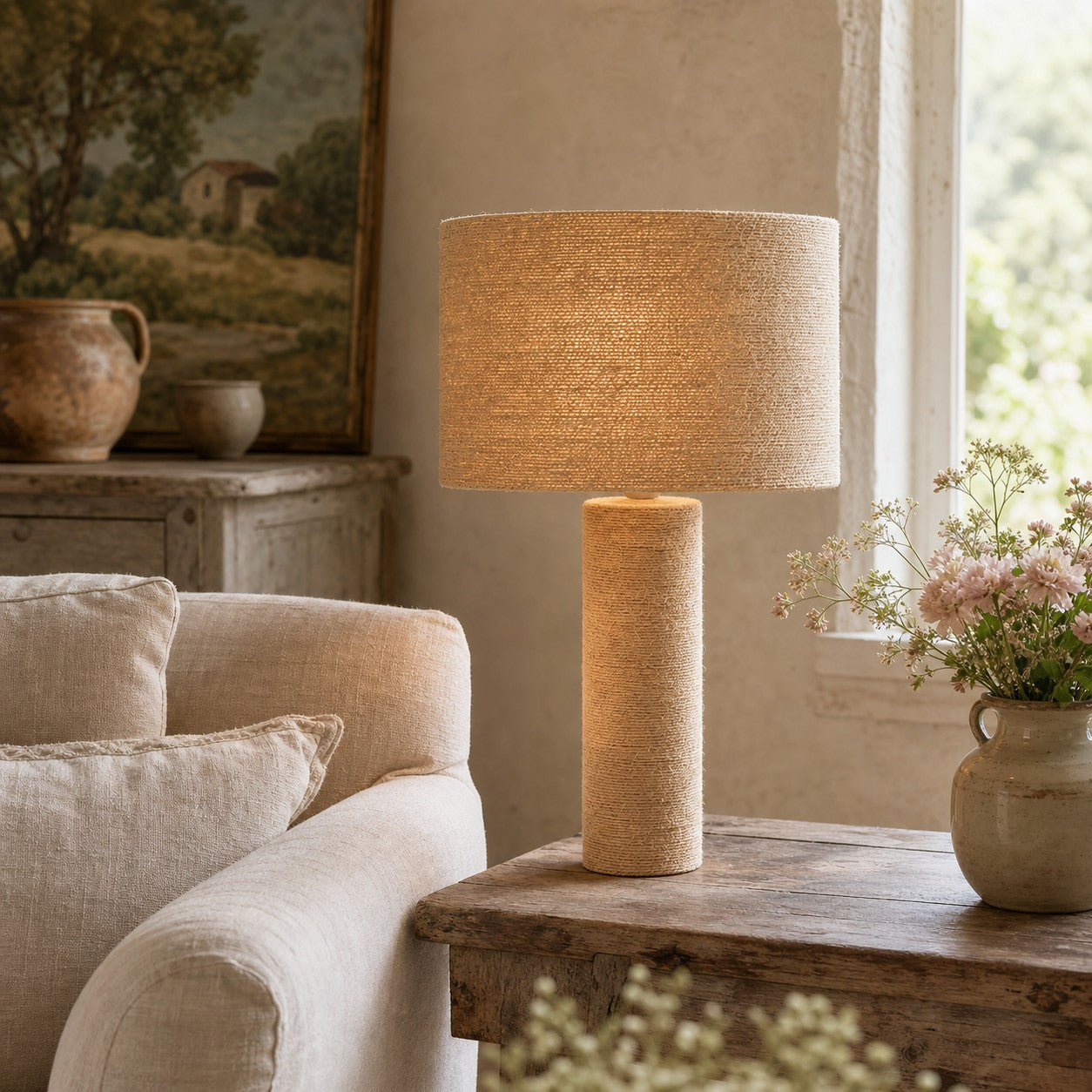 Woven jute table lamp styled on a side table